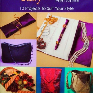 May include: A book cover with the title "fast fun & easy FABRIC BAGS" in orange and white text on a purple background. The image shows various fabric bag projects, including a purple clutch and a black beaded purse.