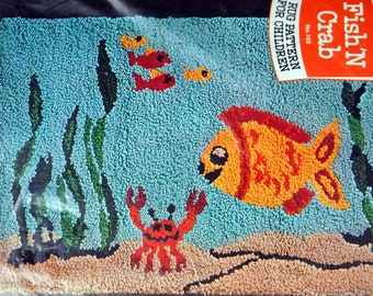 Tía Lydia's Fish 'N Cangrejo Rug patrón para niños Vintage Punch aguja bordado tela sin fecha