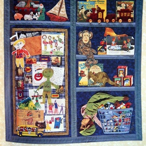 May include: A blue quilted wall hanging depicting a child's room with a bookshelf, a toy chest, and a bulletin board filled with drawings and notes. The bookshelf has a toy train, a book titled "The Poky Little Puppy", and a book titled "Curious George the Hospital". The toy chest has a stuffed animal, a book titled "Little Bear", and a stack of blocks. The bulletin board has a drawing of a boat, a drawing of a boy, and a drawing of a girl. The bulletin board also has a note that says "Dear tuttle, Can I have a cat? Can I have a cat?"