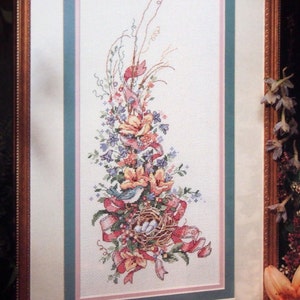 May include: A cross-stitch kit package titled Secluded Nest by Karen Avery, featuring a framed vertical embroidery of a bird nest with blue eggs, surrounded by pink ribbons, orange lilies, and blue flowers, with Dimensions branding.