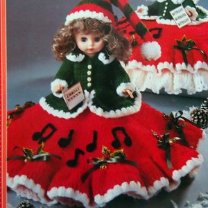 Christmas Caroler Spieluhr Puppe und Kissenpuppe von Fibre Craft Vintage häkeln Muster Faltblatt 1990