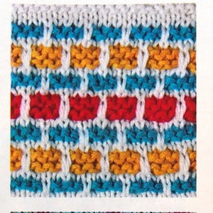 May include: A collection of colorful knitted patterns. The top pattern is a repeating design in navy and white. The second pattern features a repeating design in white, yellow, red, and teal. The third pattern is teal and navy. The bottom pattern is red and navy.