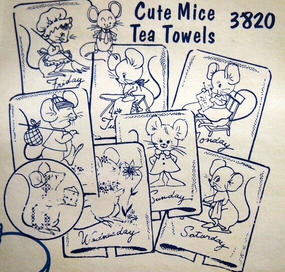 Cute Mouse Tea Towels Aunt Martha's Embroidery Transfer pattern #3820 Cute Mouse Tea Towels Aunt Martha's Embroidery Transfer pattern #3820