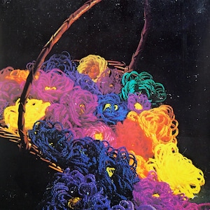 May include: A book cover titled "Mira Silverstein's Guide to Looped and Knotted Stitches" featuring a wicker basket overflowing with colorful yarn. The yarn is in shades of blue, purple, yellow, orange, and green. The text "Exciting Needlework Projects, Patterns, and Designs Anyone Can Make" is at the bottom.