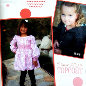 May include: A young girl wearing a pink and white patterned dress with a pink sash and a white flower in her hair. She is standing on a stone path in a garden setting. The image also shows a young girl wearing a black and white plaid jacket with a hood. The text "Claire Marie TOPCOAT" is visible in the image.