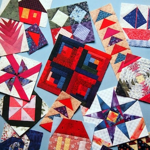 May include: A collection of colourful patchwork quilt blocks, each featuring a different design. The blocks are made from various fabrics and colours, including red, blue, green, and yellow. The blocks are arranged in a random pattern on a light blue background. The text "produced by Rita Weiss" is visible at the top of the image.