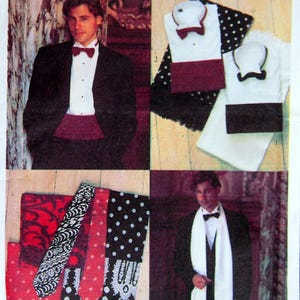 May include: A collage of formal wear options. Includes a black tuxedo with a burgundy cummerbund and bow tie, and a black tuxedo with a white scarf and bow tie. Also shown are various bow ties and cummerbunds in red and black patterns.