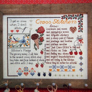 Kreuzstich-Sample von Sigrid Designs und Thimb-Elena Vintage-Kreuzstichmuster-Broschüre 1989