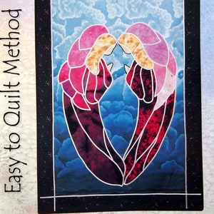 May include: A stained glass quilt pattern featuring two angels praying against a blue and white cloudy sky. The pattern is titled "Angels Praying" and is part of the "Easy to Quilt Method" series.