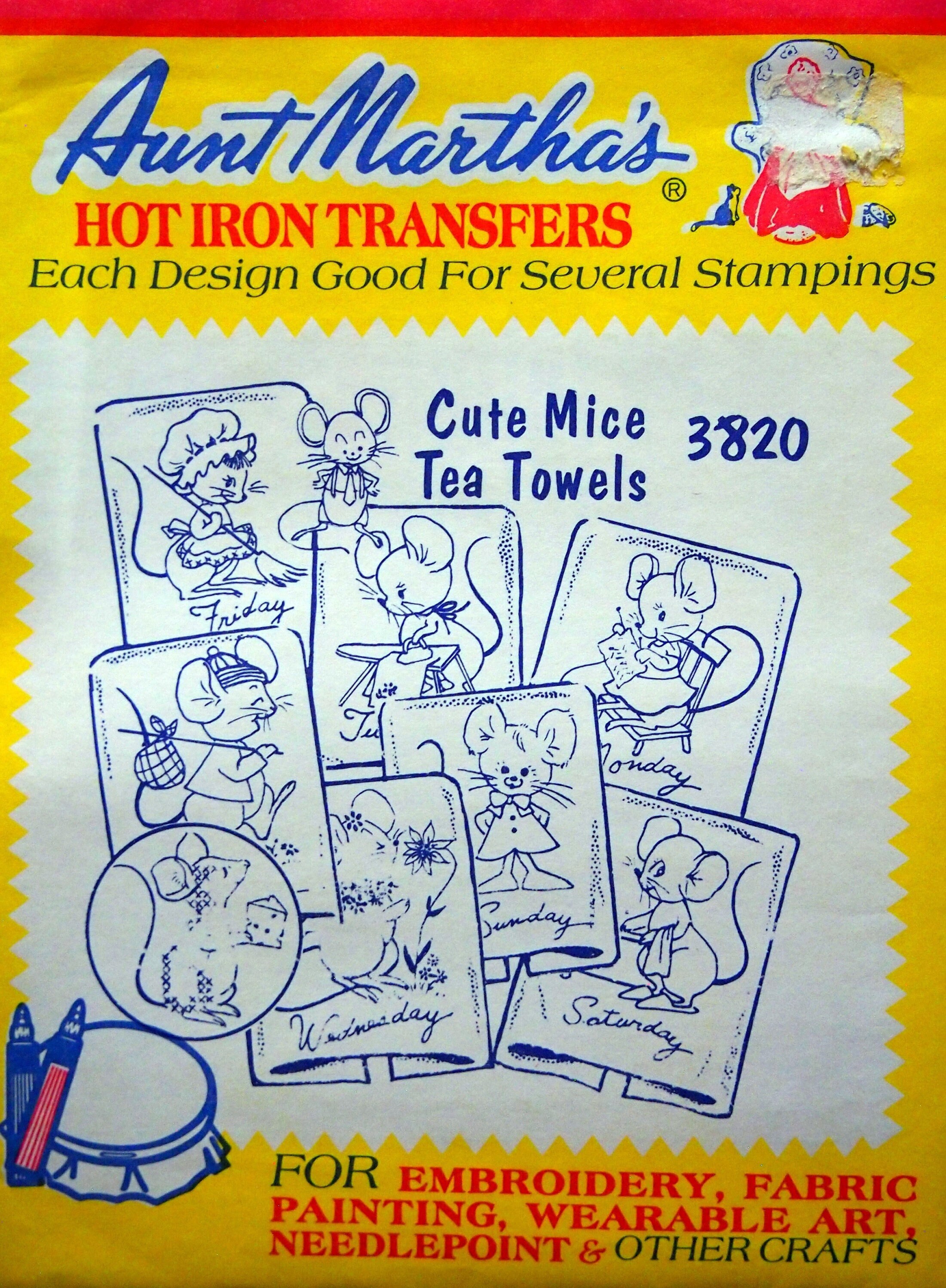 Cute Mouse Tea Towels Aunt Martha's Embroidery Transfer pattern #3820 Cute Mouse Tea Towels Aunt Martha's Embroidery Transfer pattern #3820
