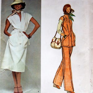 May include: Vogue American Designer sewing pattern featuring two fashion illustrations. One shows a white dress with a belt and pockets, and the other depicts an orange pantsuit with a matching purse. The pattern is numbered 1241.