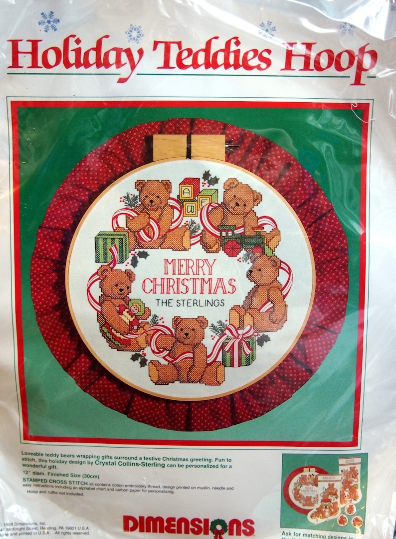 Holiday Teddies Hoop By Crystal Collins-Sterling And Dimensions Vintage Stamped Cross Stitch Kit 1988