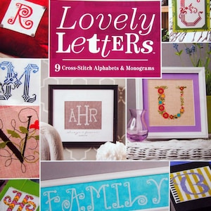 May include: An assortment of cross-stitch alphabets and monograms, including the letters "R", "M", "N", "T", "U", "C", "A", "B", and "FAMILY". The image showcases framed cross-stitch art, a book cover, and decorative items with diverse colour schemes and designs.