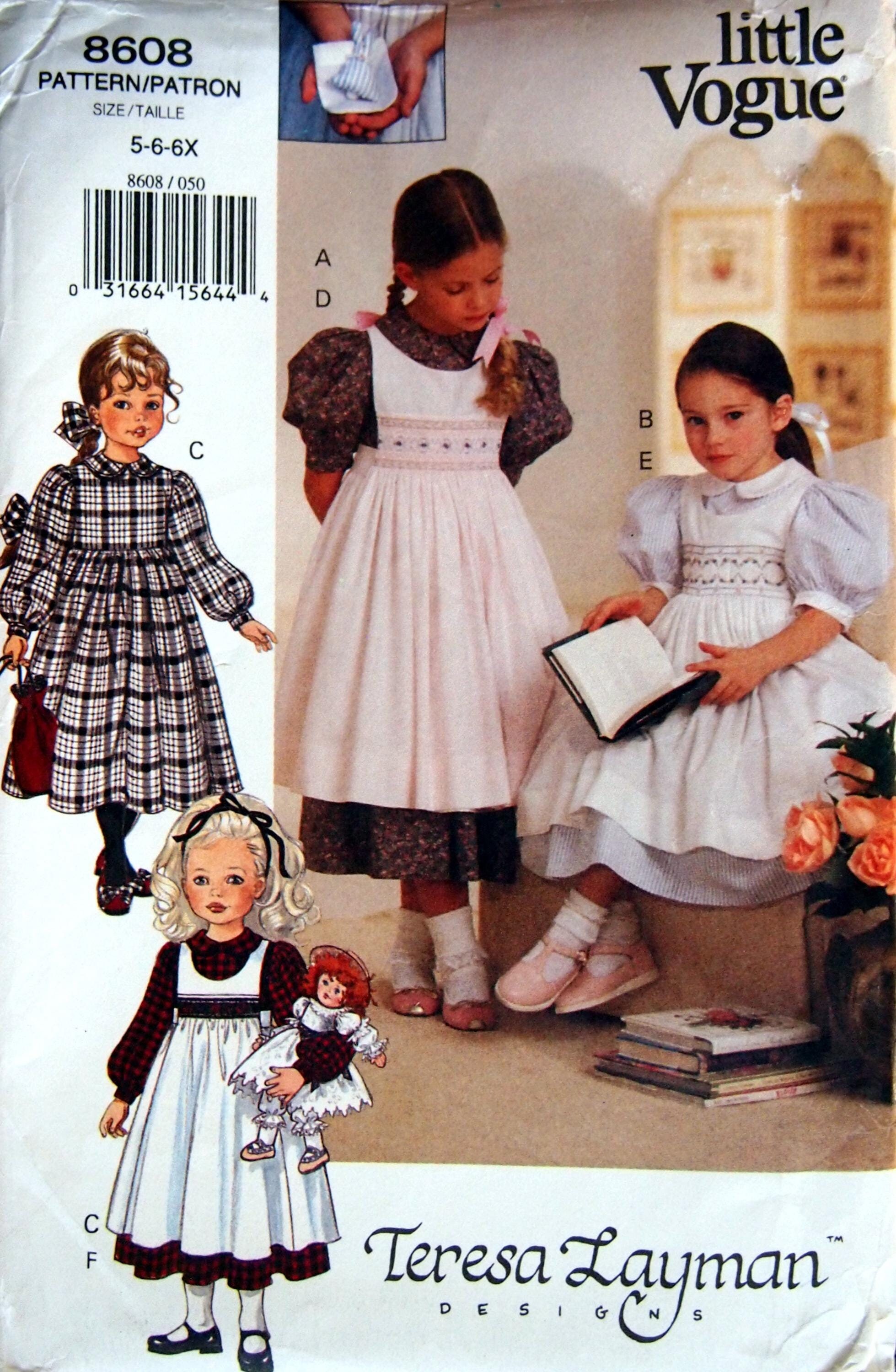 Children's Dress, Pinafore & Transfer - Size 5, 6, 6X - Teresa Layman Little Vogue 8608 Uncut Sewing And Smocked Embroidery Pattern 1993