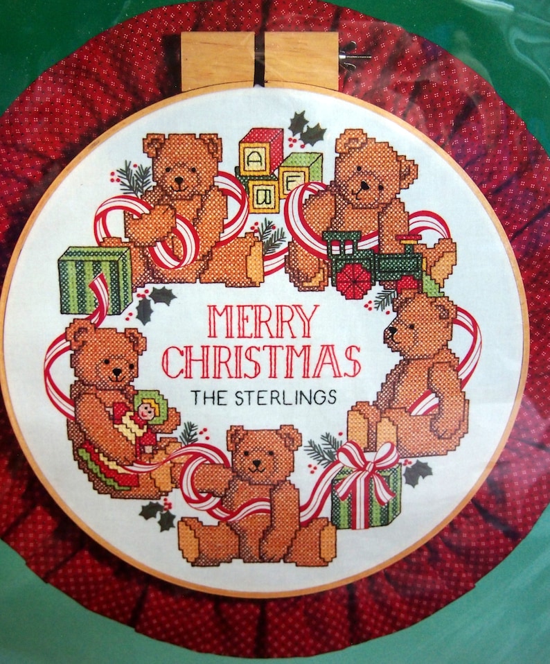 Holiday Teddies Hoop By Crystal Collins-Sterling And Dimensions Vintage Stamped Cross Stitch Kit 1988