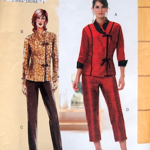 May include: Two women's fashion designs are shown. One is a brown and tan animal print jacket with matching pants. The other is a red jacket with black trim and matching pants. Both outfits are shown on a woman.
