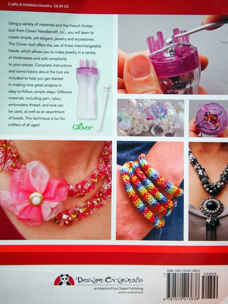 May include: A book cover for a jewelry making craft book titled "Design Originals" with a close-up of a purple Clover French Knitter tool. The book cover also features several examples of jewelry made with the tool, including a necklace with a pink flower, a bracelet with colorful beads, and a necklace with black beads.