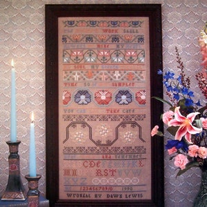 The Needle's Work Sampler von Dawn Louis Vintage gezähltes Kreuzstich- und Stickmuster Faltblatt 1991