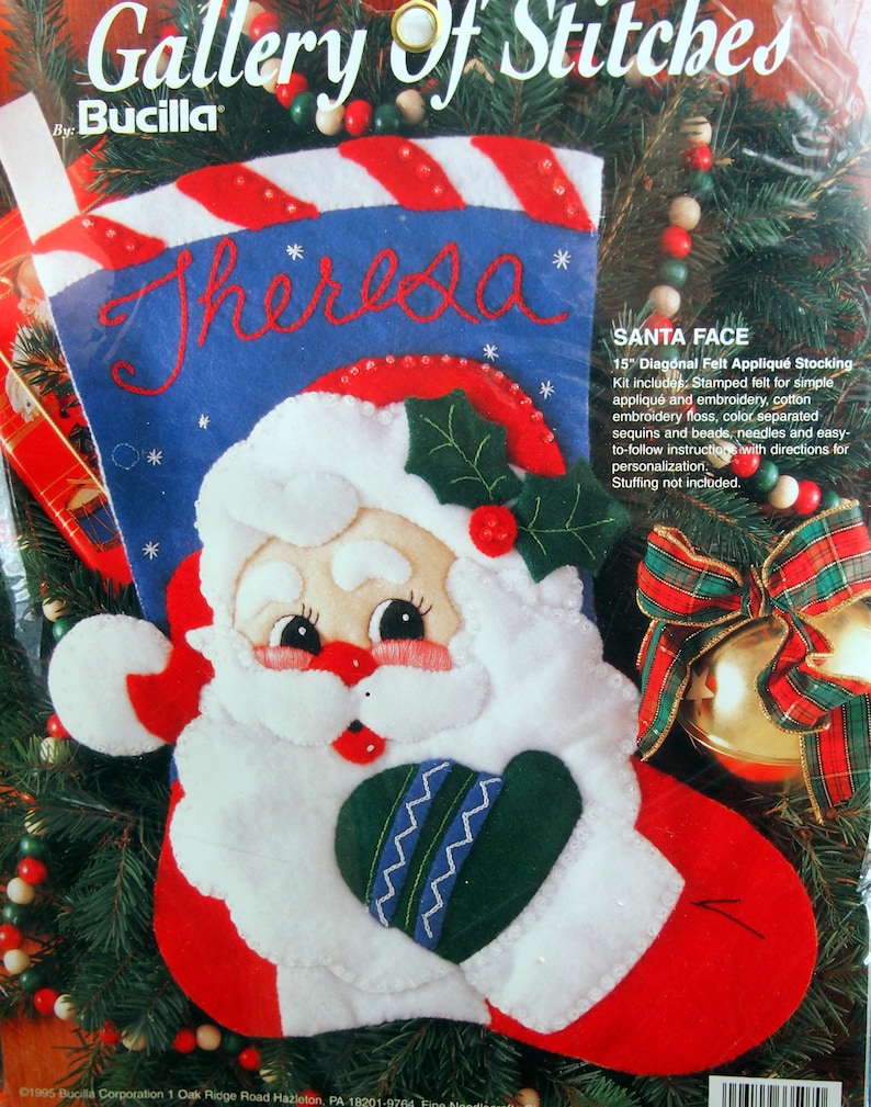 Santa Face Gallery Of Stitches 15 Inch Stocking By Bucilla Vintage Unopened Felt Applique Christmas Stocking Kit 1995