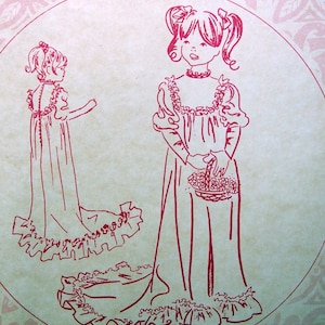 May include: Red line drawing of a young girl in a long dress with ruffles, holding a basket of flowers. A second drawing shows the girl from the side. The background is a light beige color with a pink floral pattern.