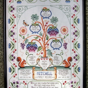 Puede incluir: Un bordado blanco de punto de cruz de un &aacute;rbol geneal&oacute;gico con los nombres y las fechas de nacimiento de los miembros de la familia. El &aacute;rbol est&aacute; rodeado por un borde de flores y bayas. El texto "Bless This Family" est&aacute; en la parte superior del &aacute;rbol. El texto "Mitchell Family Record" est&aacute; en la parte inferior del &aacute;rbol. El texto "When we have reached that distant shore, O'er life's rough ocean driven, There we shall meet and be once more, a family in Heaven." est&aacute; en la parte inferior de la imagen.