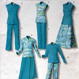 May include: A sewing pattern showing several women's outfits. The designs include sleeveless tops, jackets, trousers, and skirts. Some items are plain teal, while others feature a floral print in blue and green hues.