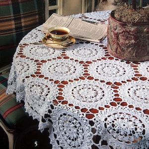 May include: A white crocheted tablecloth with a delicate floral pattern covers a wooden table. A cup of tea sits on a saucer with a spoon next to it. A newspaper and a decorative pot are also on the table.