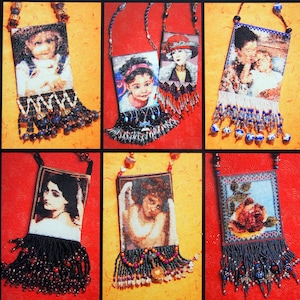 May include: Six beaded necklaces with different designs. Each necklace features a rectangular beaded pouch with a fringe of beads. The pouches feature images of people and a rose.