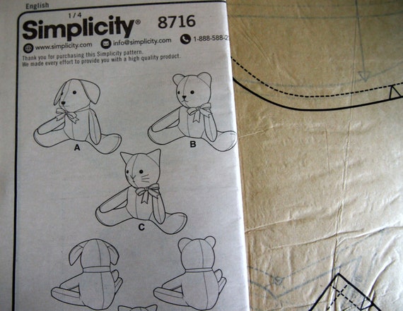 Stuffed Animals Simplicity 8716 Uncut Sewing Pattern 2018 Etsy UK