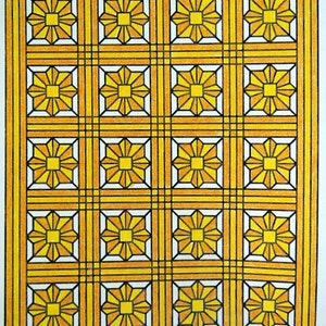 May include: A geometric pattern with a repeating design of yellow and orange squares with black outlines. The squares are arranged in a grid pattern.