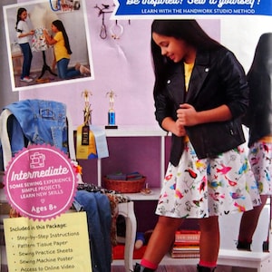May include: A sewing pattern for a skirt with a bird print design. The pattern is for an intermediate skill level and includes instructions, tissue paper, practice sheets, a poster, online video tutorials, sewing definitions, and safety tips. The pattern is for ages 8 and up.