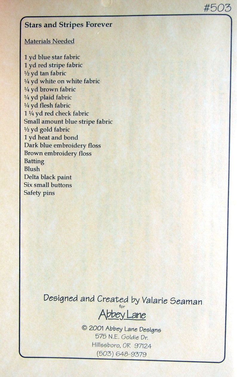 Stars And Stripes Forever By Valarie Seaman And Abbey Lane Sewing And Quilting Pattern Packet 2001