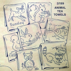 Animal Tea Towels 3789 Aunt Martha&#39;s Hot Iron Transfer Vintage Embroidery Pattern Packet Undated