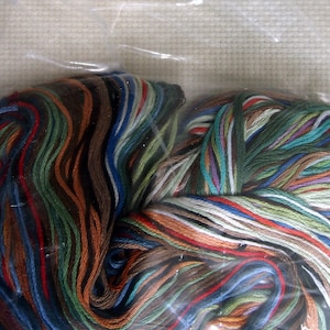 May include: A close-up of a bundle of embroidery floss in various colors, including brown, green, blue, red, and white. The floss is wrapped in plastic and appears to be new.