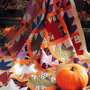 May include: A colorful patchwork quilt with orange, purple, red, and green leaf and star patterns. The quilt is draped over a wooden fence with a large orange pumpkin in the foreground. The quilt is made of various fabrics.