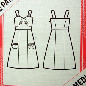 May include: A vintage sewing pattern featuring two dress designs. The first dress has a V-neckline with a sunburst design, shoulder straps, and pockets. The second dress has a square neckline and a simple design. The pattern is outlined in black.