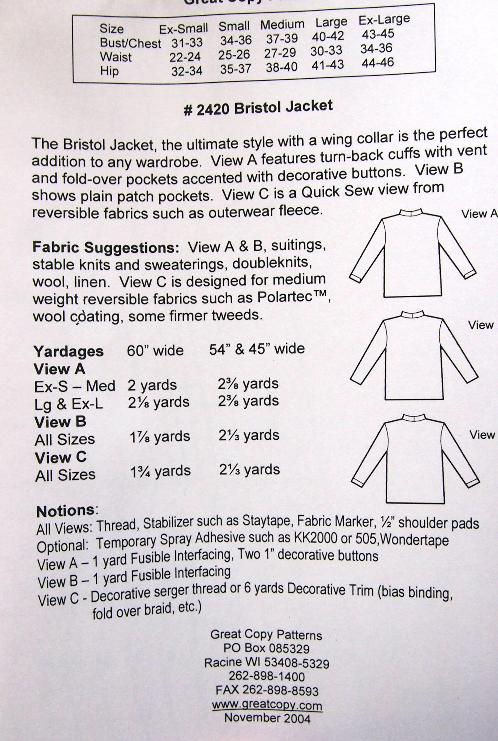 Bristol Jacket #2420 Great Copy Patterns Vintage Uncut Sewing Pattern ...