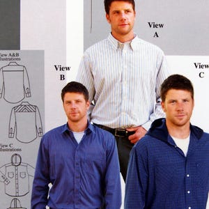 May include: A catalogue image displaying three shirt designs. The main image shows a man wearing a white and blue striped button-down shirt. Two additional images show the same man in a solid blue shirt and a blue plaid hooded shirt.