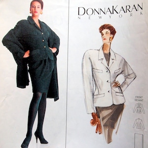 May include: A vintage Donna Karan New York fashion design featuring a dark green skirt suit with gold buttons and a matching coat. The image also includes a sketch of a white blazer and skirt.