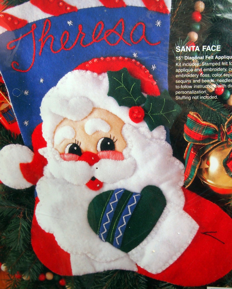 Santa Face Gallery Of Stitches 15 Inch Stocking By Bucilla Vintage Unopened Felt Applique Christmas Stocking Kit 1995