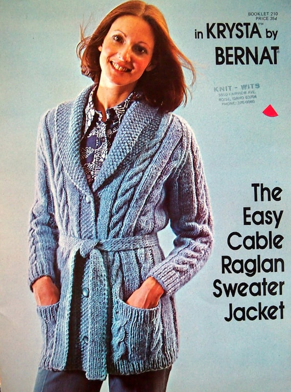 The Easy Cable Raglan Sweater Jacket 210 by Bernat Vintage