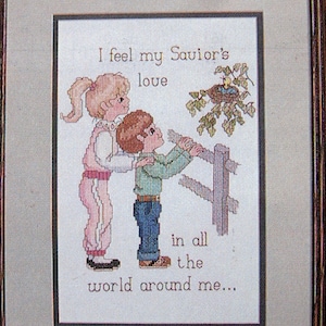 Ich fühle die Liebe meines Retters Themen aus HLT-Kinderliedern in gezählter Kreuzstich Vintage Kreuzstichmuster Broschüre 1986