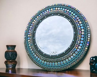 Beautiful Handmade Mosaic  Mirror 50cm  Bevelled  Edge green teal    Mosaic  Tile.