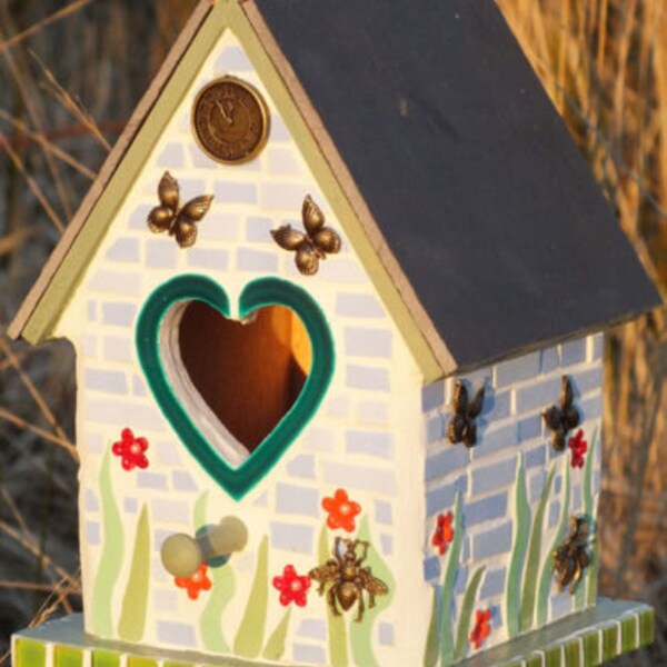 hand made original mosaic bird house box garden ornament