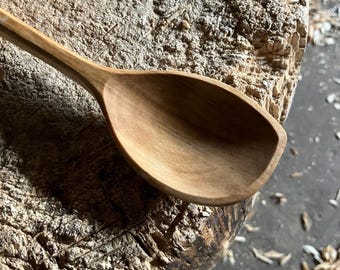Hand carved left handed wooden cooking spoon