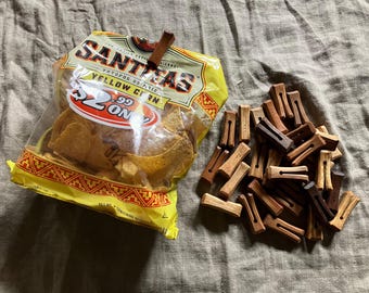 Hand carved wooden chip clips, bag clips