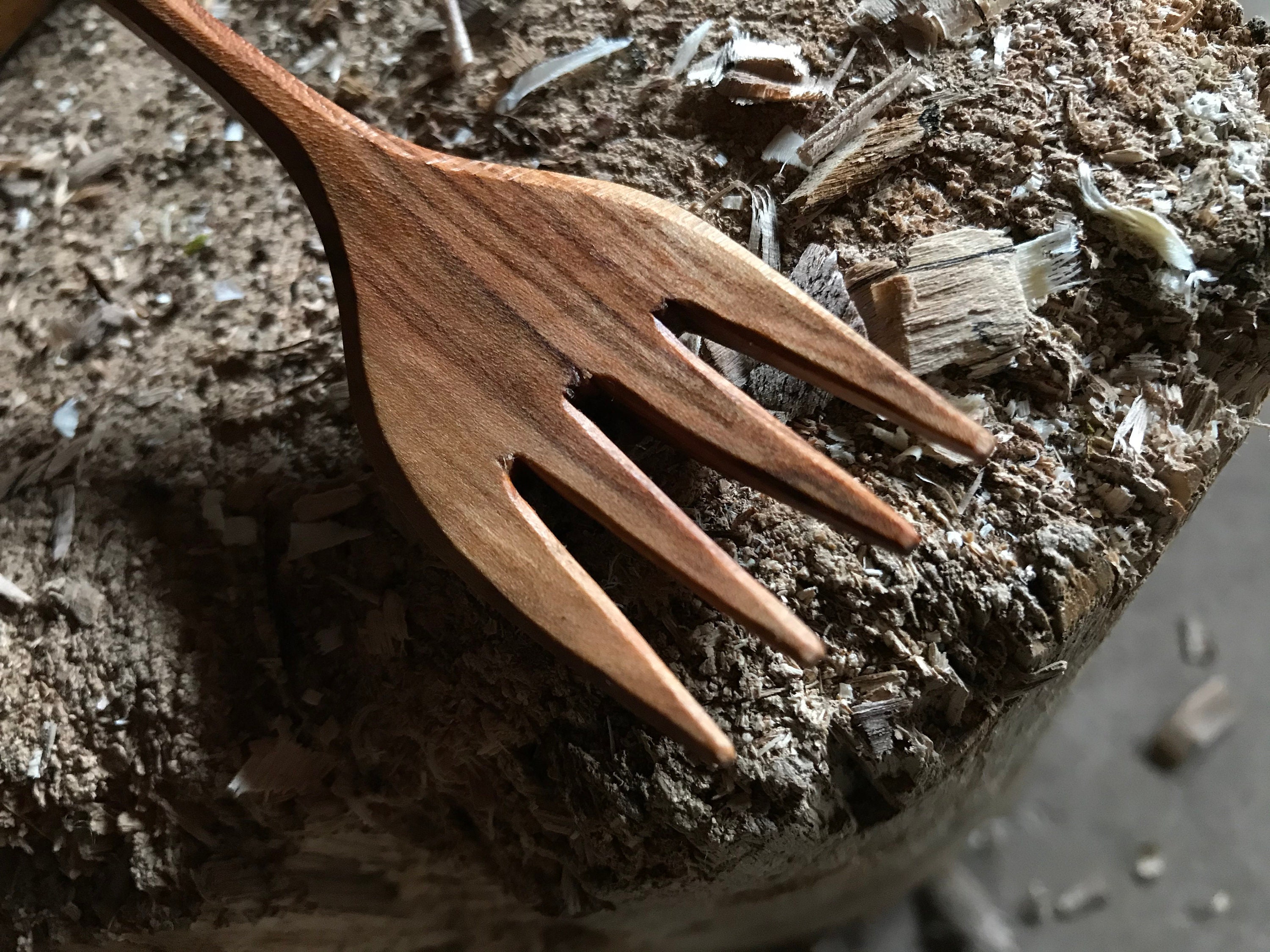 Wooden eating fork, hand carved, carved by the large apprentice.