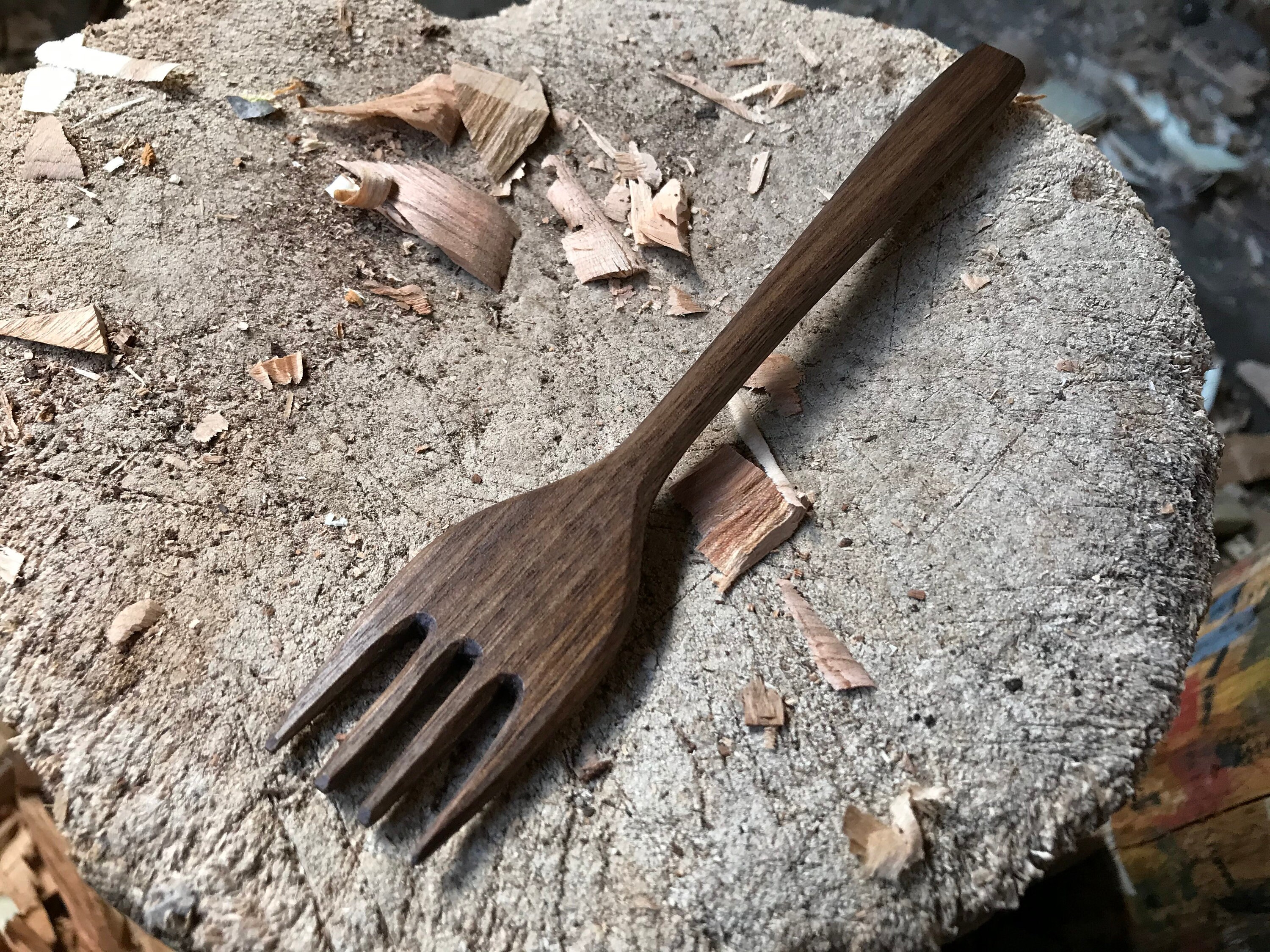 Wooden eating fork, hand carved, carved by the large apprentice.