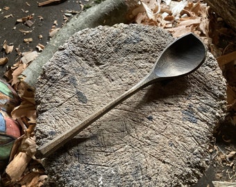 Eating spoon, cooking spoon, left handed spoon, 9” hand carved wooden spoon