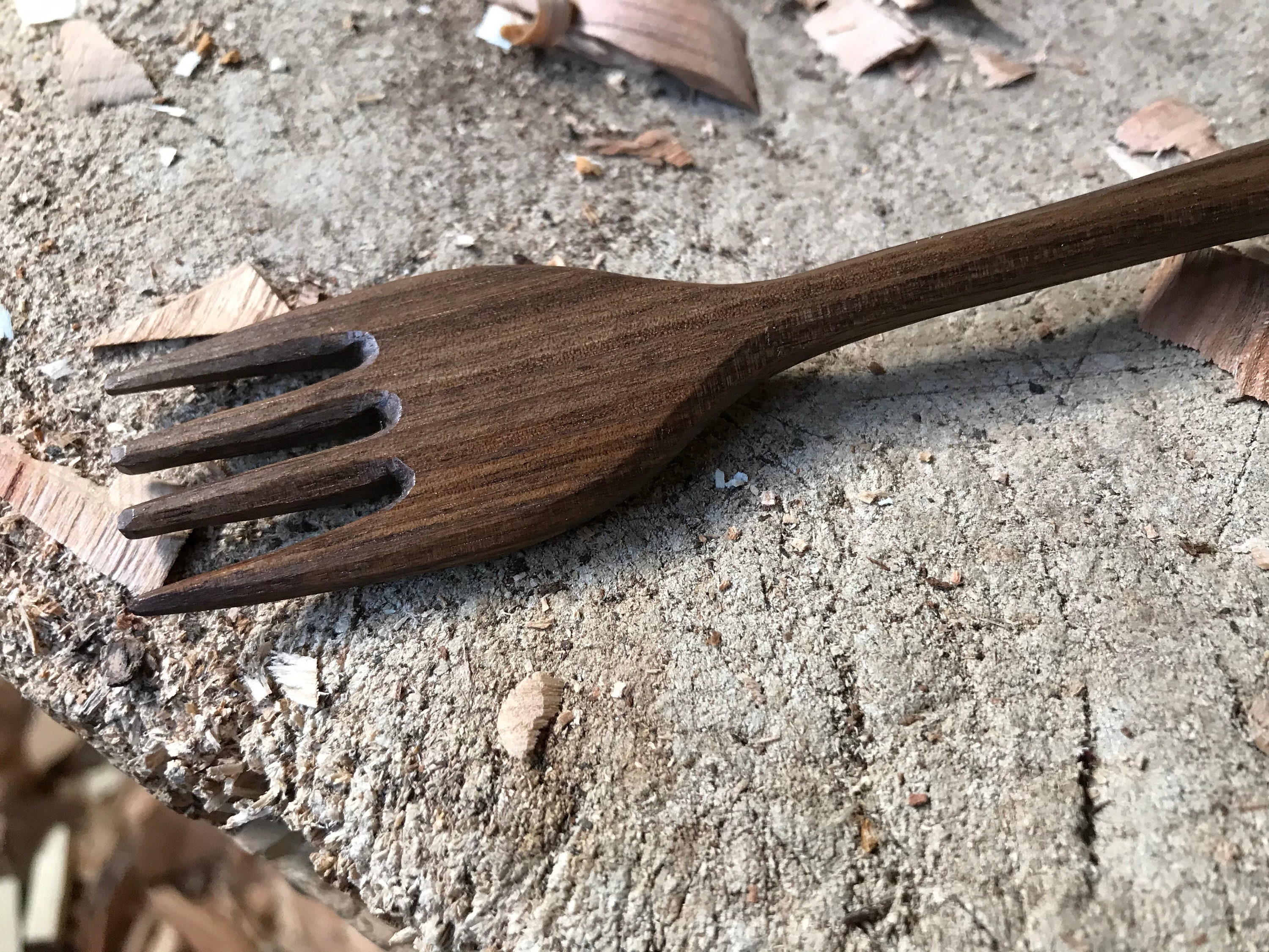 Wooden eating fork, hand carved, carved by the large apprentice.